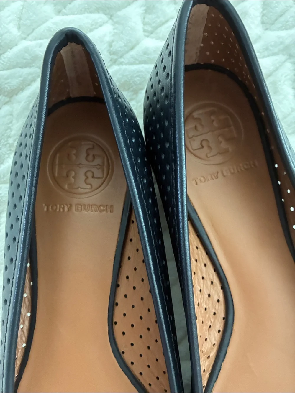 Tory Burch Black Perforated Logo Ballet Flats with Gold Emblem